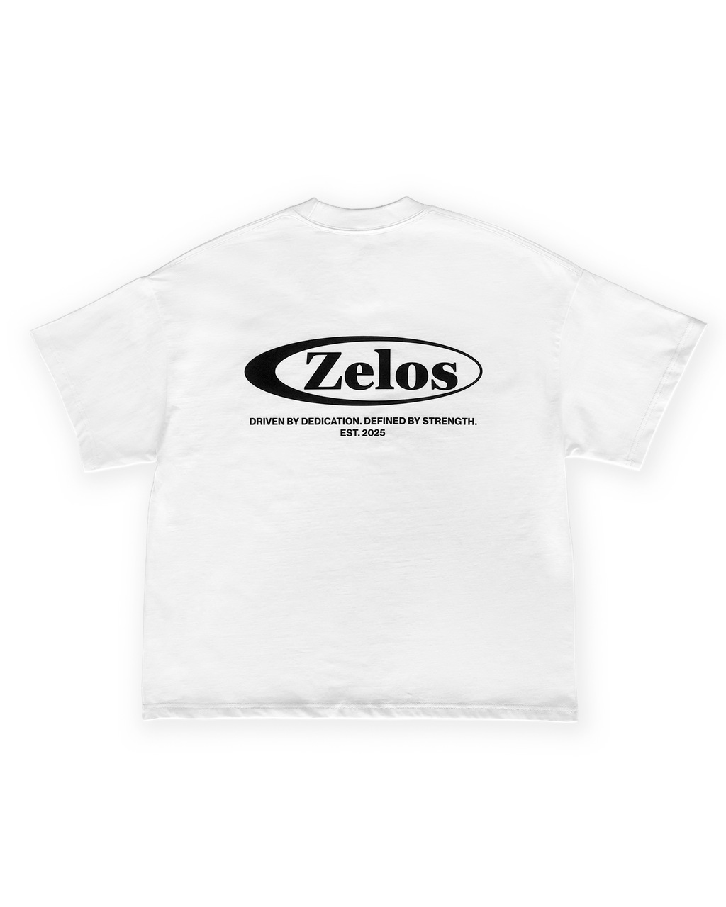 Zelos Tee White — back flat lay with Zelos logo print
