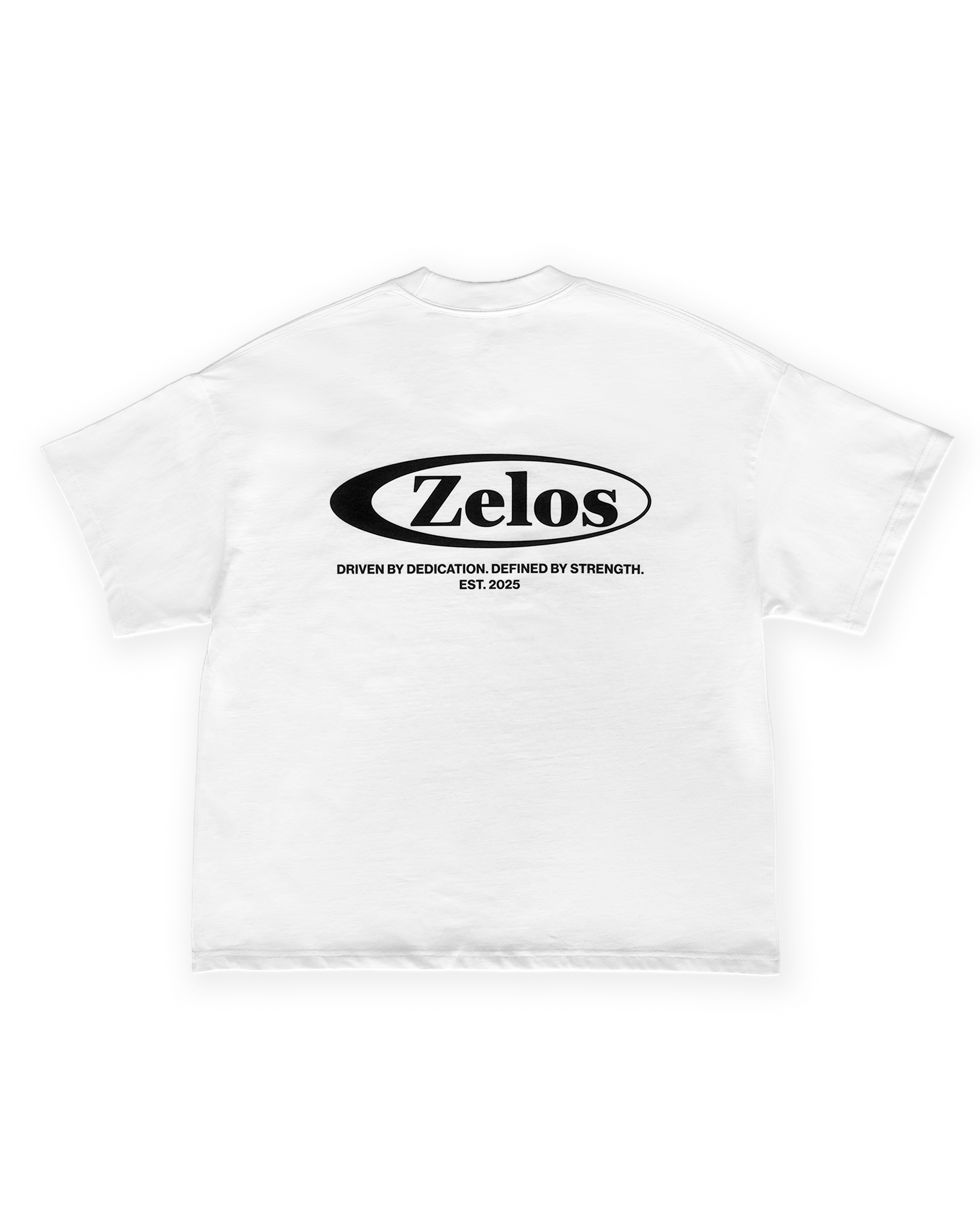 Zelos Tee White — back flat lay with Zelos logo print