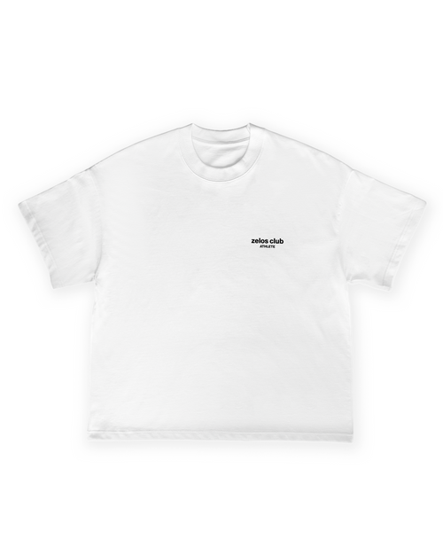 Zelos Tee White — front flat lay with zelos club chest print