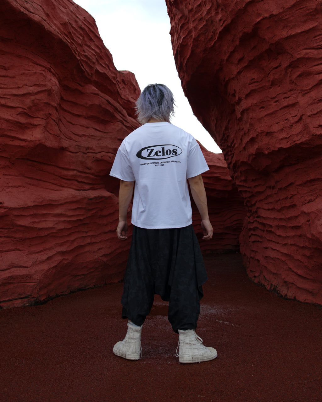 Male model wearing Zelos Tee White in size L, back view with Zelos logo print